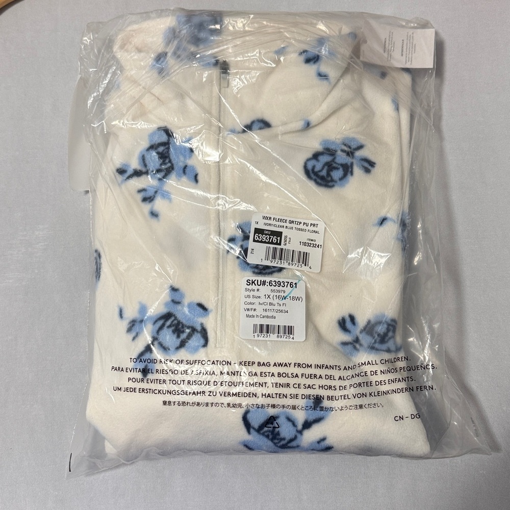 Lands' End Cream and Blue Floral 1/4 Zip Fleece Pullover Size 1X NWT - Picture 2 of 3